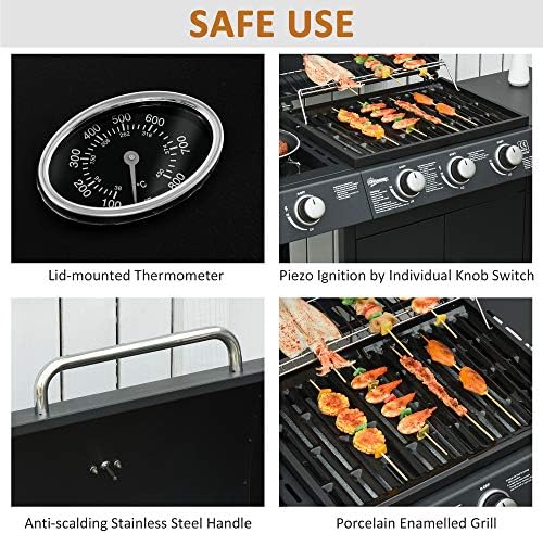 3+1 Burner Gas BBQ Grill, Outdoor Barbecue Trolley with Wheels, Warming Rack, Side Shelves, Storage Cabinet, Built-In Thermometer, for Garden