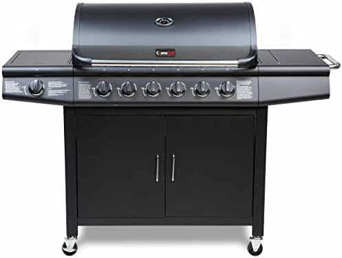 Gas BBQ Grill 7 Burner (6 Main + 1 Side Burner), Outdoor Barbecue with Steel Warming Rack, Temperature Gauge, Black