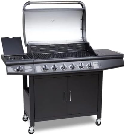 Gas BBQ Grill 7 Burner (6 Main + 1 Side Burner), Outdoor Barbecue with Warming Rack, Side Burner, Temperature Gauge, Weatherproof Cover, Black