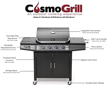 Gas BBQ Grill 5 Burner (4 Main + 1 Side Burner), Outdoor Barbecue with Steel Warming Rack, Temperature Gauge, for Garden & Outdoor Cooking