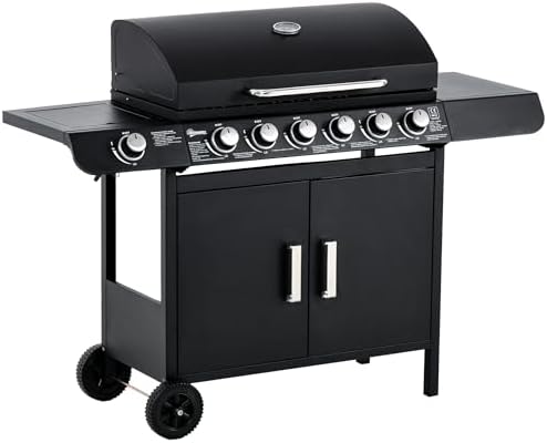 Gas BBQ Grill with 6 Main Burners and 1 Side Burner, Outdoor Barbecue Trolley, Warming Rack, Side Shelves, Storage Cabinet, Thermometer, Black