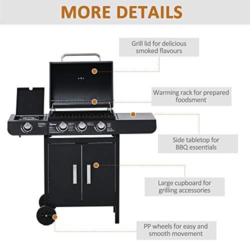 3+1 Burner Gas BBQ Grill, Outdoor Barbecue Trolley with Wheels, Warming Rack, Side Shelves, Storage Cabinet, Built-In Thermometer, for Garden