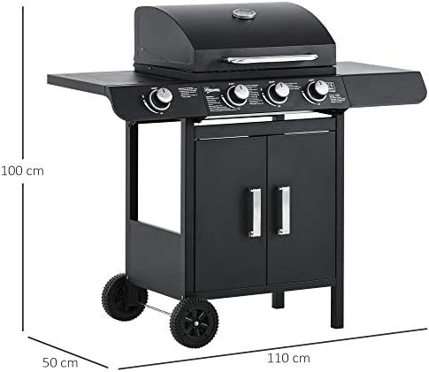 3+1 Burner Gas BBQ Grill, Outdoor Barbecue Trolley with Wheels, Warming Rack, Side Shelves, Storage Cabinet, Built-In Thermometer, for Garden