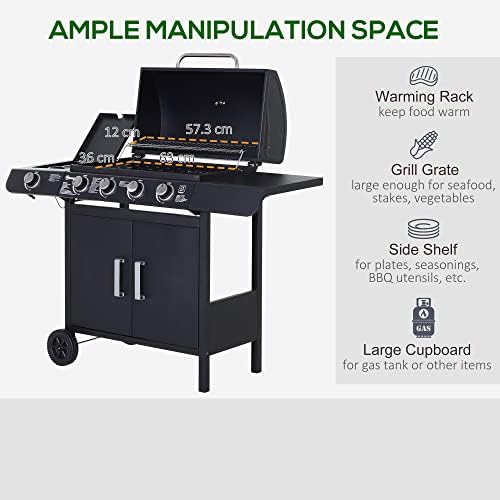 Gas BBQ Grill 4+1 Burner, Outdoor Barbecue with Wheels, Warming Rack, Side Shelves, Storage Cabinet, Temperature Gauge, 125 × 51 × 100 cm, Black