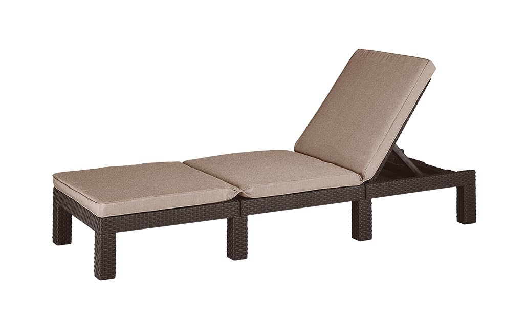 Allibert by Keter" Daytona Deluxe Sun Lounger for Garden, Patio and Balcony with Adjustable Headboard, Grey, including Garden Lounger Cushion, Flat Rattan Look, 195 x 65 x 25.5 cm