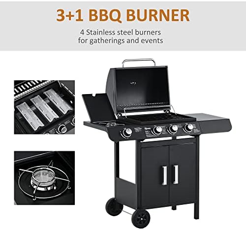 3+1 Burner Gas BBQ Grill, Outdoor Barbecue Trolley with Wheels, Warming Rack, Side Shelves, Storage Cabinet, Built-In Thermometer, for Garden