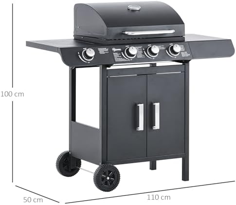 Gas BBQ Grill 3+1 Burner, Outdoor Barbecue with Wheels, Warming Rack, Side Shelves, Storage Cabinet, Temperature Gauge, 110 × 50 × 100 cm, Grey