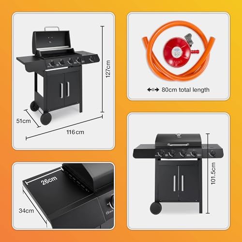 4+1 Burner Gas BBQ Grill, Outdoor Barbecue with Warming Rack, Side Burner, Storage Cabinet, Temperature Gauge, Wheels, Gas Hose & Regulator