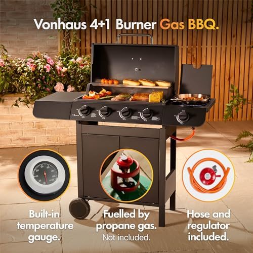 4+1 Burner Gas BBQ Grill, Outdoor Barbecue with Warming Rack, Side Burner, Storage Cabinet, Temperature Gauge, Wheels, Gas Hose & Regulator