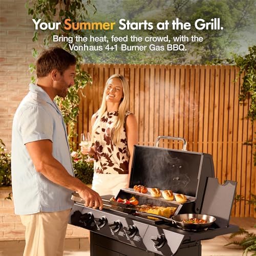 4+1 Burner Gas BBQ Grill, Outdoor Barbecue with Warming Rack, Side Burner, Storage Cabinet, Temperature Gauge, Wheels, Gas Hose & Regulator