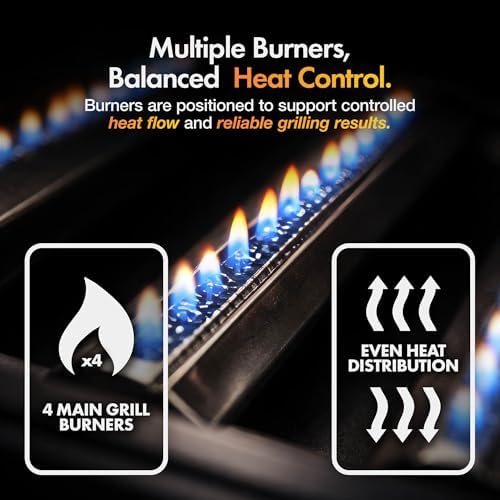 4+1 Burner Gas BBQ Grill, Outdoor Barbecue with Warming Rack, Side Burner, Storage Cabinet, Temperature Gauge, Wheels, Gas Hose & Regulator