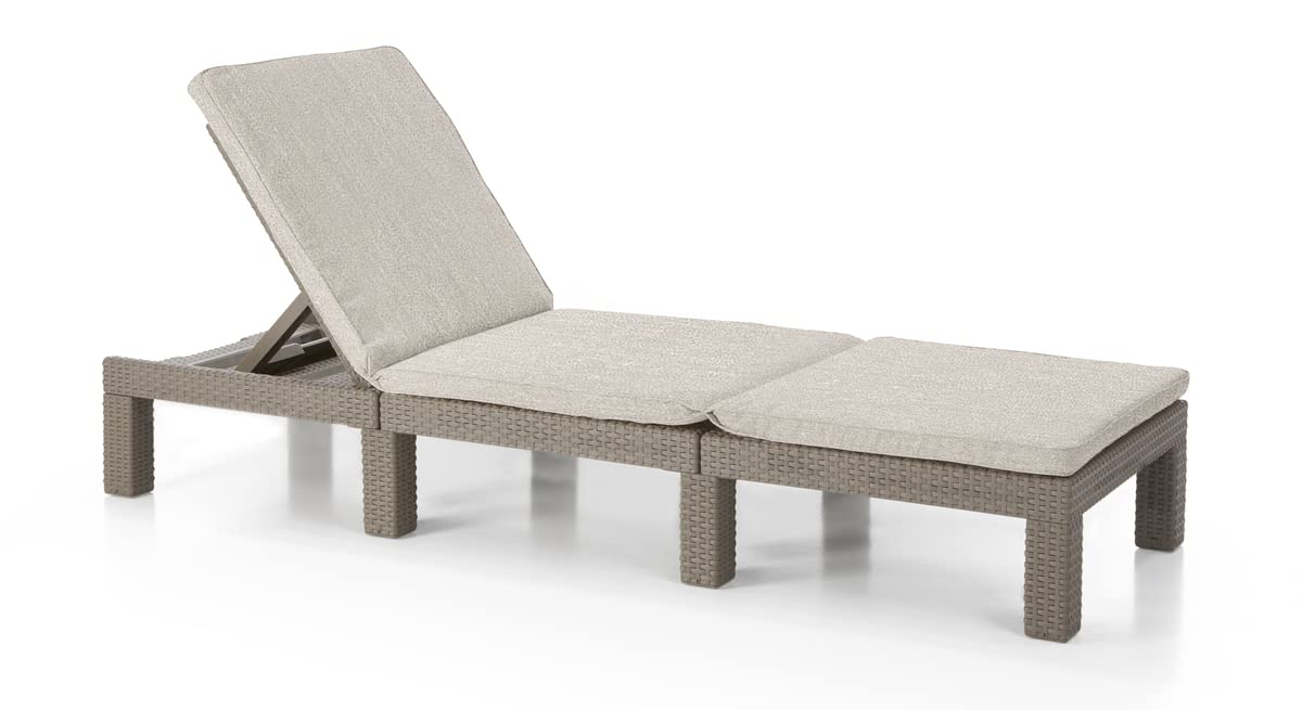 Allibert by Keter" Daytona Deluxe Sun Lounger for Garden, Patio and Balcony with Adjustable Headboard, Grey, including Garden Lounger Cushion, Flat Rattan Look, 195 x 65 x 25.5 cm