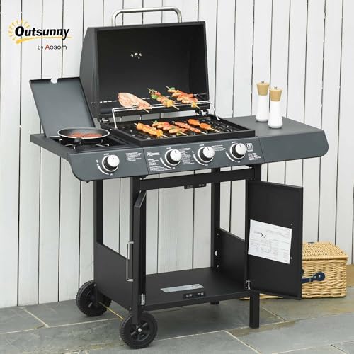 3+1 Burner Gas BBQ Grill, Outdoor Barbecue Trolley with Wheels, Warming Rack, Side Shelves, Storage Cabinet, Built-In Thermometer, for Garden