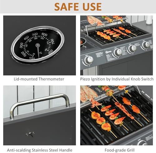 Gas BBQ Grill 3+1 Burner, Outdoor Barbecue with Wheels, Warming Rack, Side Shelves, Storage Cabinet, Temperature Gauge, 110 × 50 × 100 cm, Grey