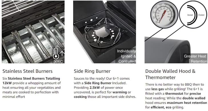 Gas BBQ Grill 7 Burner (6 Main + 1 Side Burner), Outdoor Barbecue with Steel Warming Rack, Temperature Gauge, Black