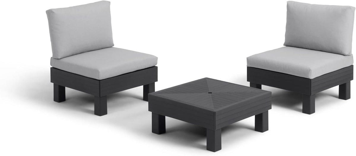 Keter Elements 2 Seater 100% recycled Outdoor Garden Furniture Modular Balcony Set - Graphite with Grey Cushions Fade Free | All Weather Resistant | Easy Clean | Zero Maintenance