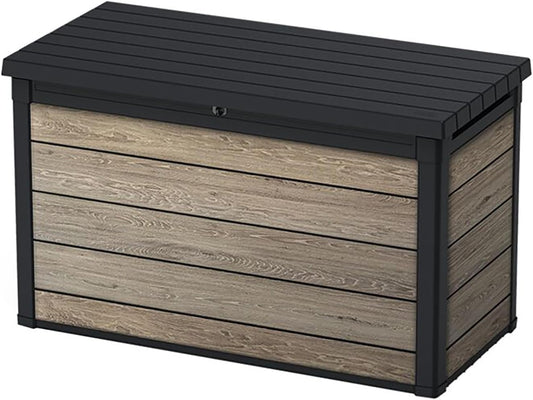 Keter Signature 757L Outdoor Storage Box – Ashwood Brown | DecoCoat Wood-Effect Finish | Weatherproof, Lockable & Hydraulic Lid | Durable Double-Wall Resin for Garden Cushions, Tools & More