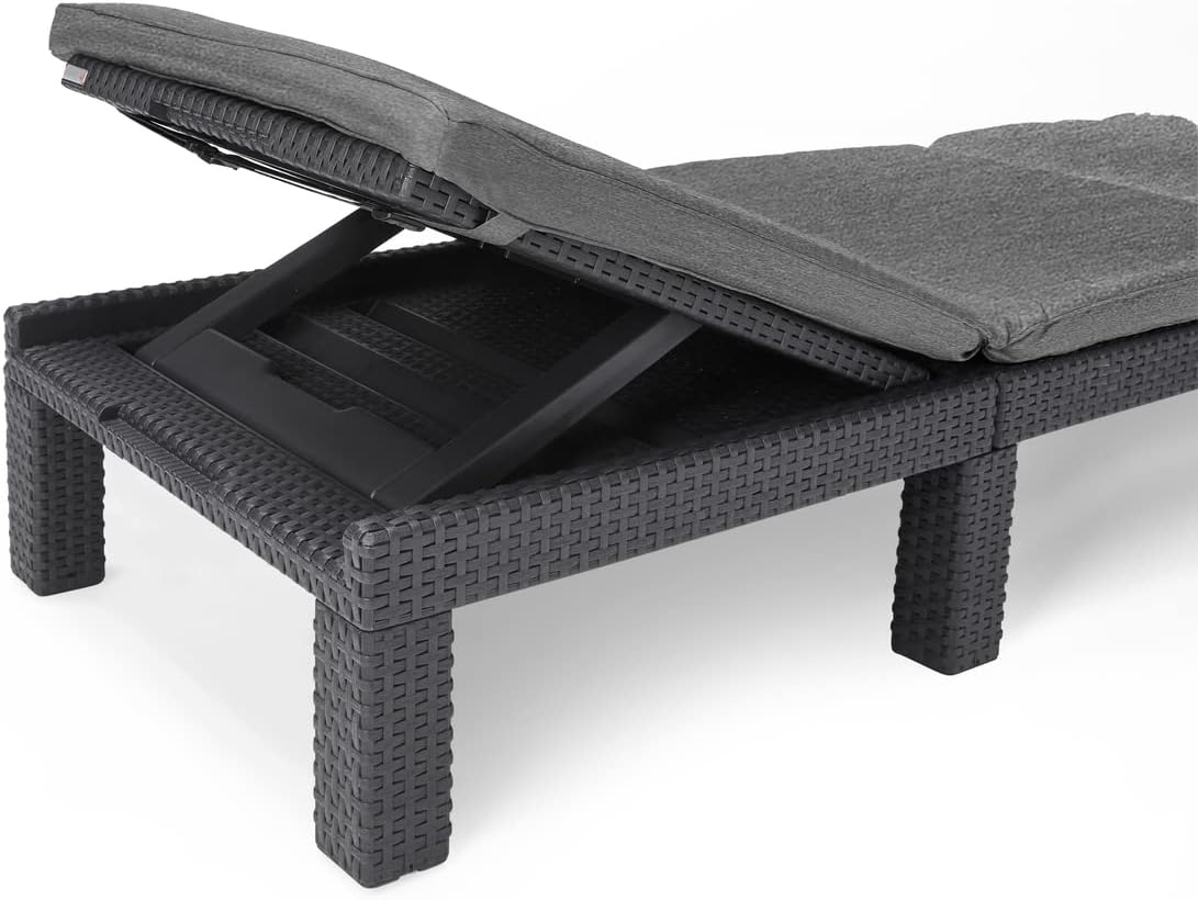 Allibert by Keter" Daytona Deluxe Sun Lounger for Garden, Patio and Balcony with Adjustable Headboard, Grey, including Garden Lounger Cushion, Flat Rattan Look, 195 x 65 x 25.5 cm