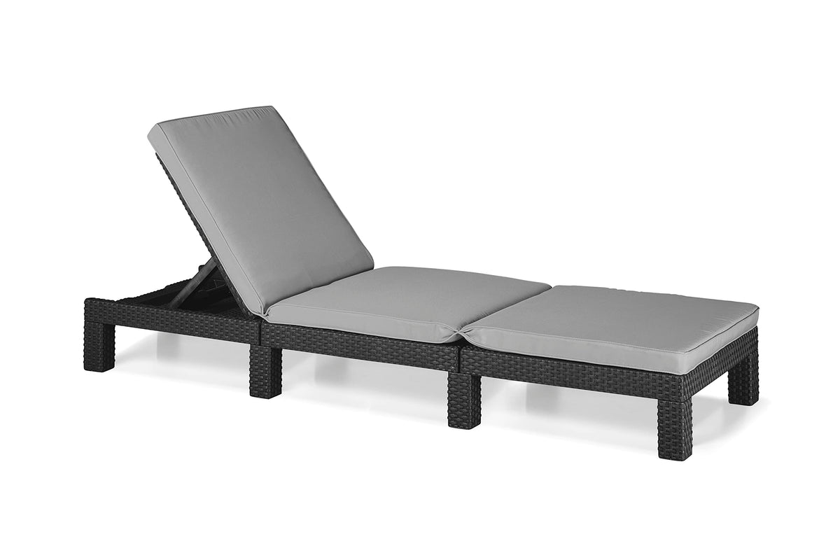 Allibert by Keter" Daytona Deluxe Sun Lounger for Garden, Patio and Balcony with Adjustable Headboard, Grey, including Garden Lounger Cushion, Flat Rattan Look, 195 x 65 x 25.5 cm