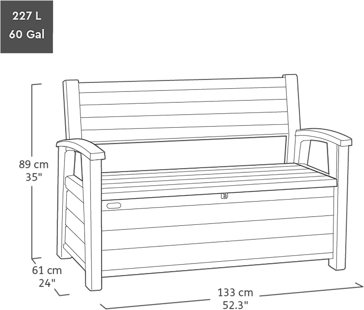 Keter Signature Outdoor Storage Bench 227L | Seats 2 Adults | DecoCoat Wood-Look Resin | Waterproof & Ventilated | All-Weather UV Resistant | Garden, Patio & Deck Storage