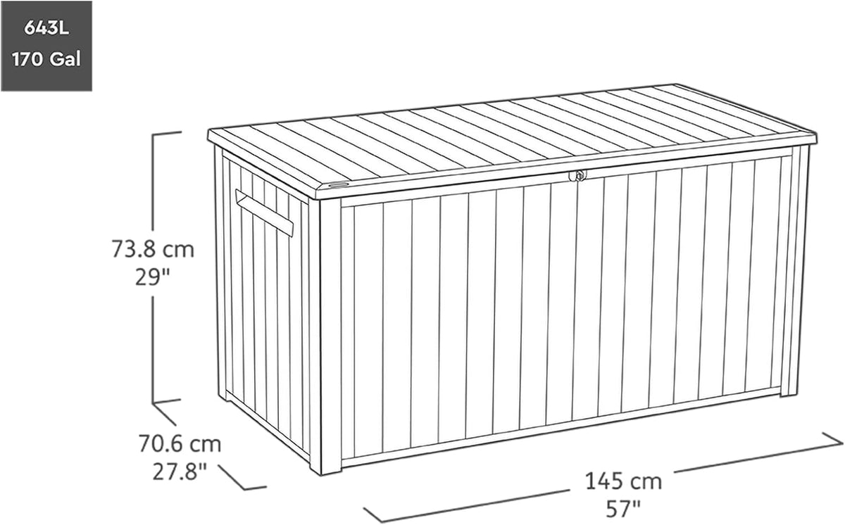 Keter Signature 643L Outdoor Storage Box – Venetian Grey | Weather‑Resistant, UV‑Protected, Lockable Storage Box | 350 kg Lid Capacity to Seat Two Adults | Piston‑Assisted Opening