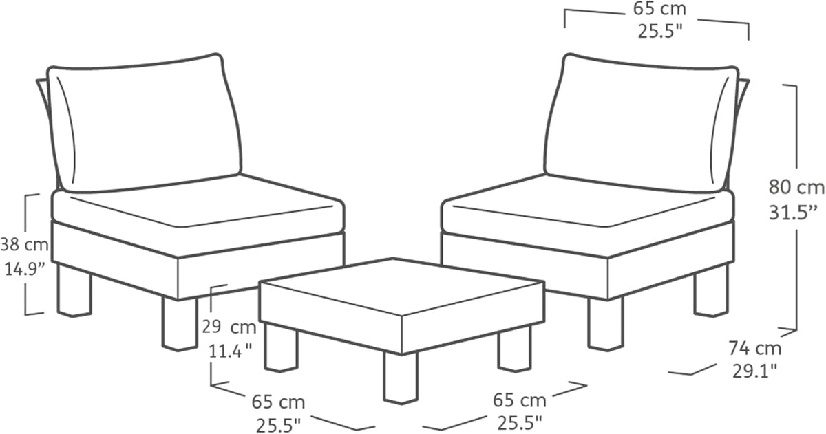 Keter Elements 2 Seater 100% recycled Outdoor Garden Furniture Modular Balcony Set - Graphite with Grey Cushions Fade Free | All Weather Resistant | Easy Clean | Zero Maintenance