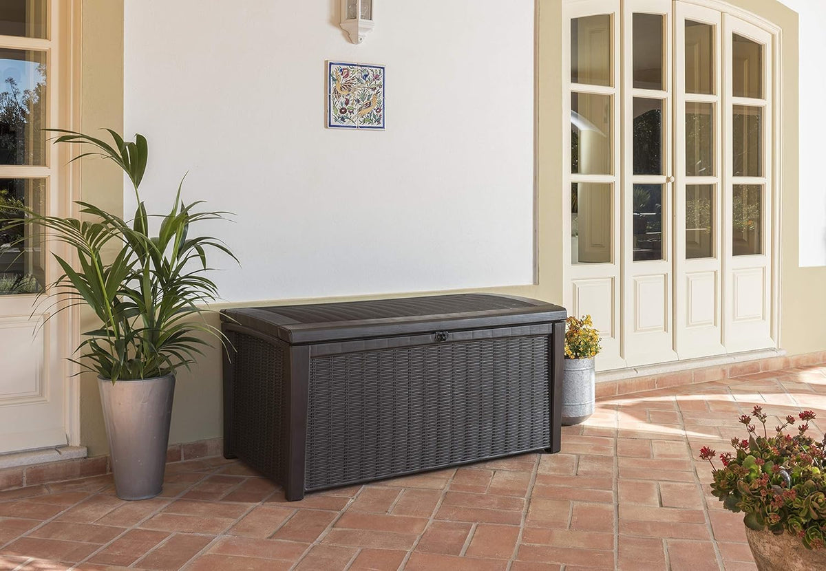 Keter Borneo 416L Outdoor 60% recycled Garden Furniture Storage Box Brown Rattan Effect | Fade Free | All Weather Resistant | Safe and Secure | Zero Maintenance | 2 year Warranty