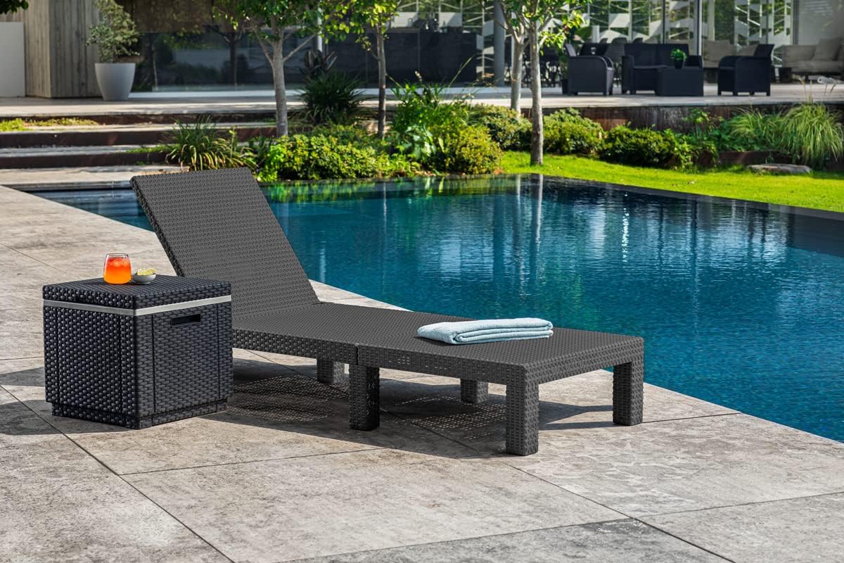 Allibert by Keter" Daytona Deluxe Sun Lounger for Garden, Patio and Balcony with Adjustable Headboard, Grey, including Garden Lounger Cushion, Flat Rattan Look, 195 x 65 x 25.5 cm