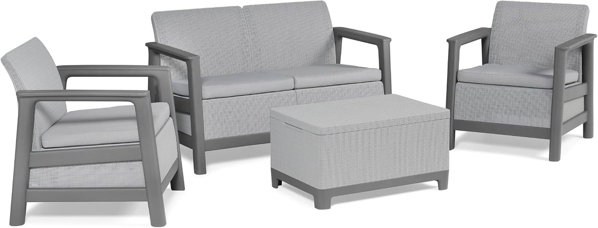 Keter Scandi Linea 4 Seater Garden Lounge Set - Grey | Outdoor Sofa & Armchairs with Storage Table | Weather-Resistant Garden Patio Furniture