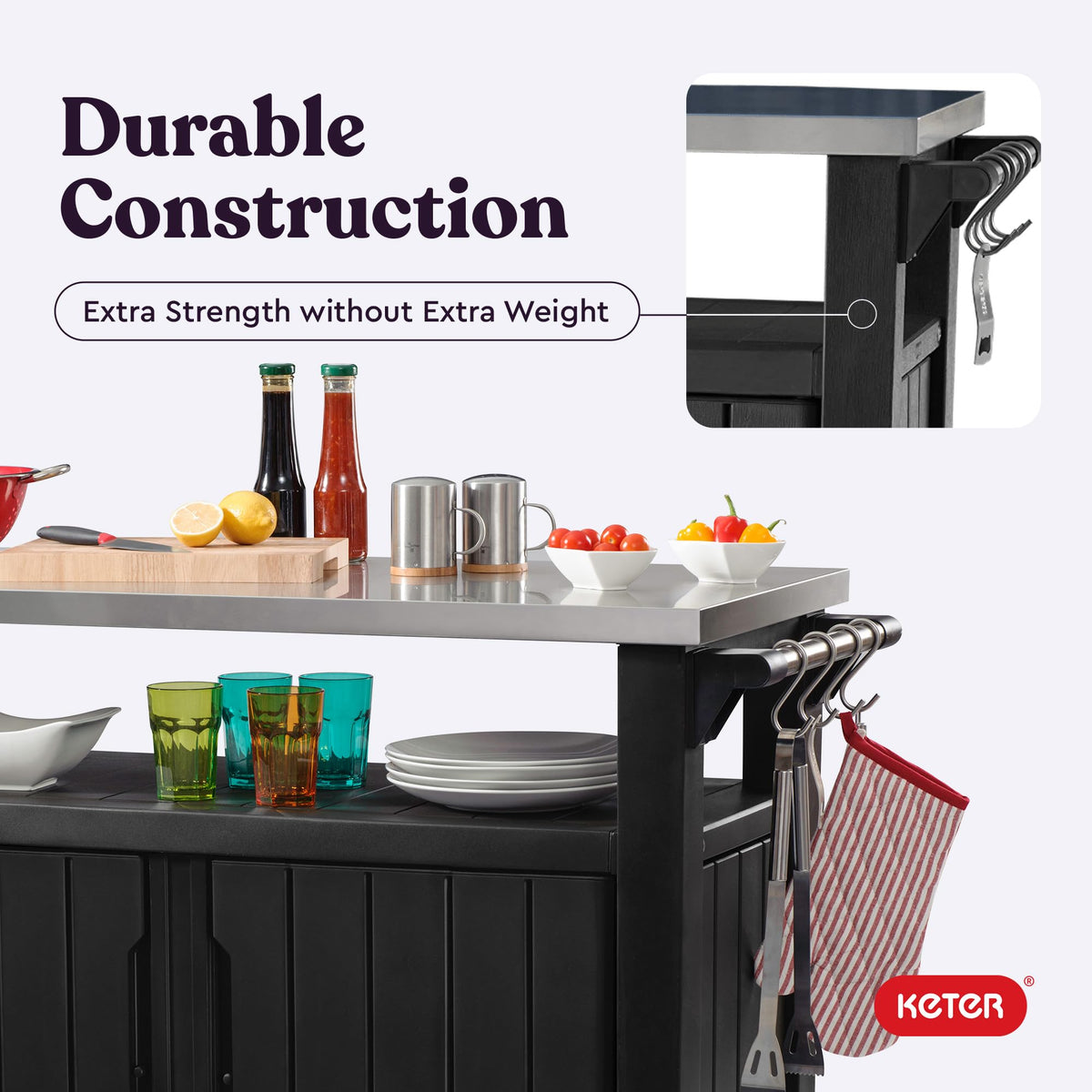 Keter Unity XL Outdoor Portable Table and Storage Cabinet with Hooks for Grill Accessories Stainless Steel Top for Patio, Kitchen, Island or Bar Cart, Dark Grey