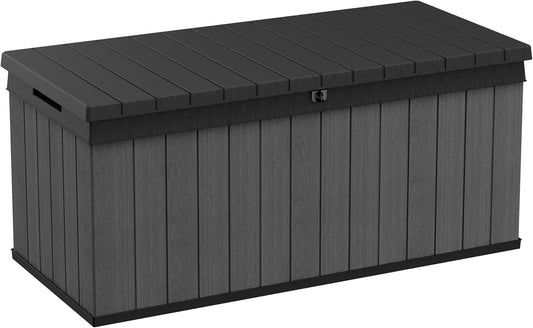 Keter Darwin 454L Outdoor Storage Box – Grey | Lockable Weatherproof Garden Deck Box & Bench | Evotech™ Wood-Effect Composite | Hydraulic Lid | Seats 2 Adults | Durable, Maintenance-Free Construction