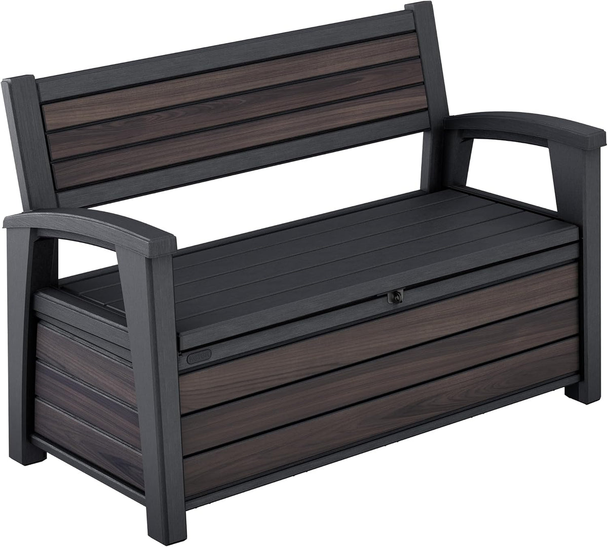 Keter Signature Outdoor Storage Bench 227L | Seats 2 Adults | DecoCoat Wood-Look Resin | Waterproof & Ventilated | All-Weather UV Resistant | Garden, Patio & Deck Storage