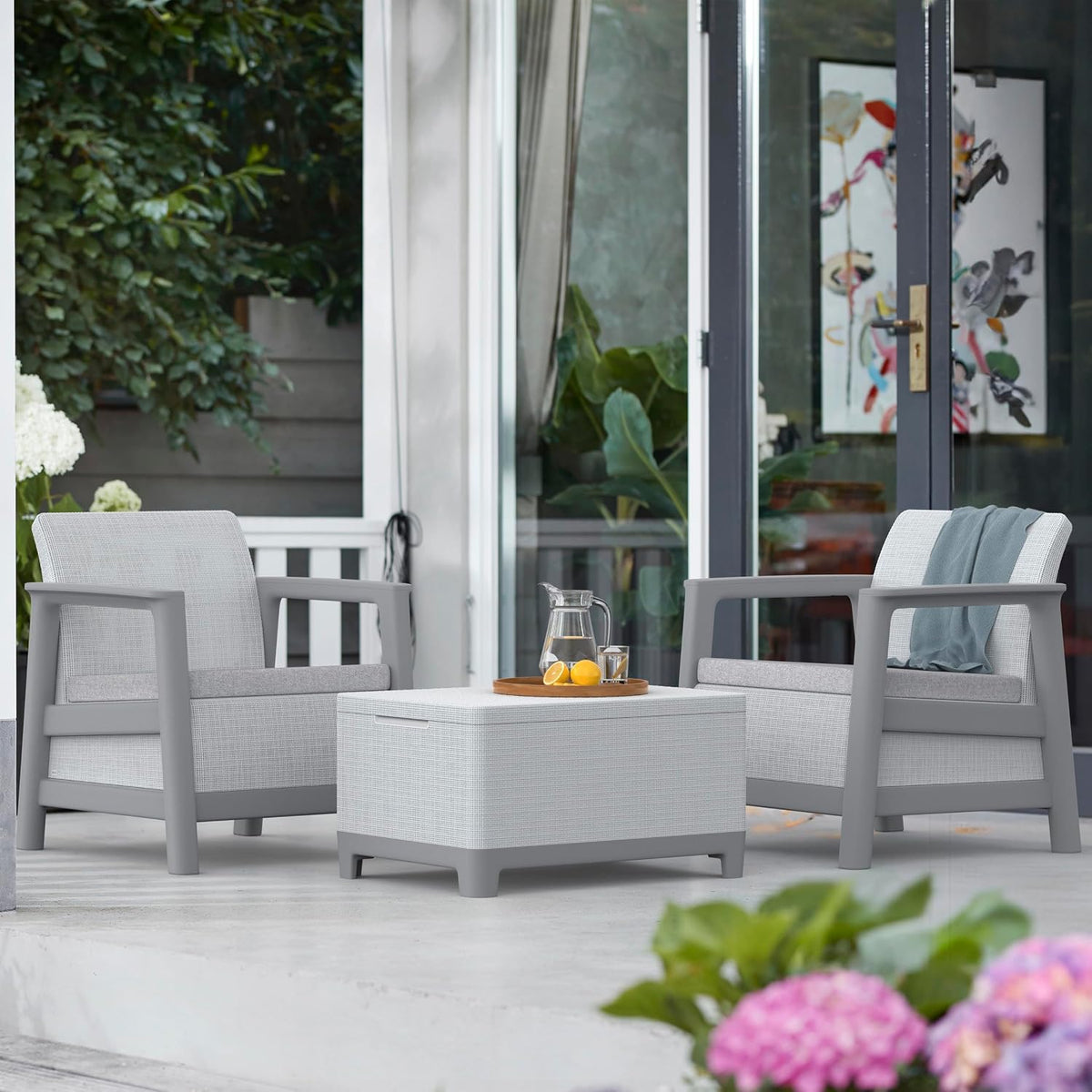 Keter Scandi Linea Balcony Furniture Set - Grey | Outdoor Armchairs & Storage Coffee Table | Weather-Resistant Patio Furniture