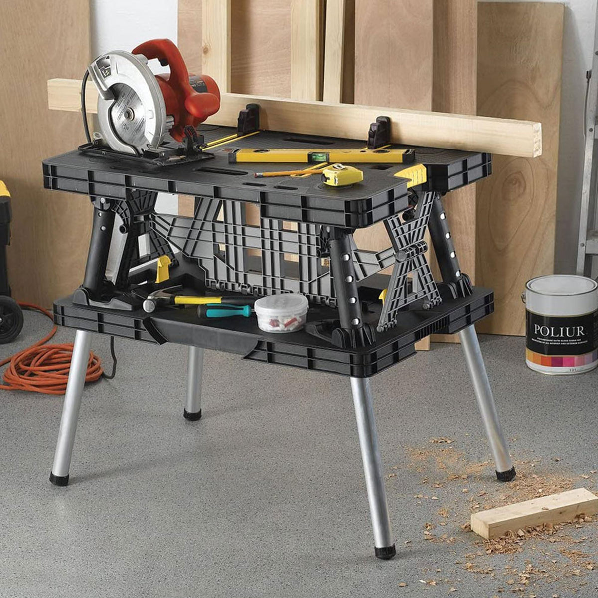 Keter Folding Work Table, Portable Workbench w/ 12" Clamps for Garage/Wood Shop