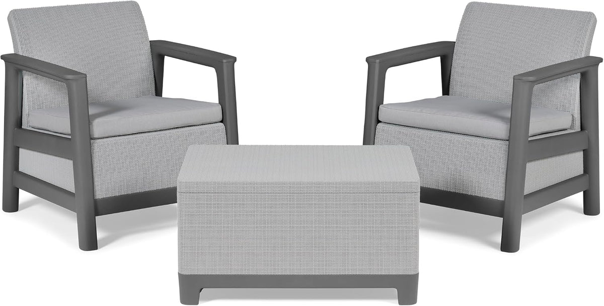 Keter Scandi Linea Balcony Furniture Set - Grey | Outdoor Armchairs & Storage Coffee Table | Weather-Resistant Patio Furniture