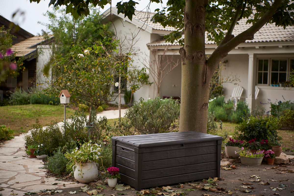 Keter Brightwood 454L Outdoor 60% recycled Garden Furniture Storage Box Brown Wood Panel Effect Fade Free All Weather Resistant Safe and Secure Zero Maintenance 2 year Warranty