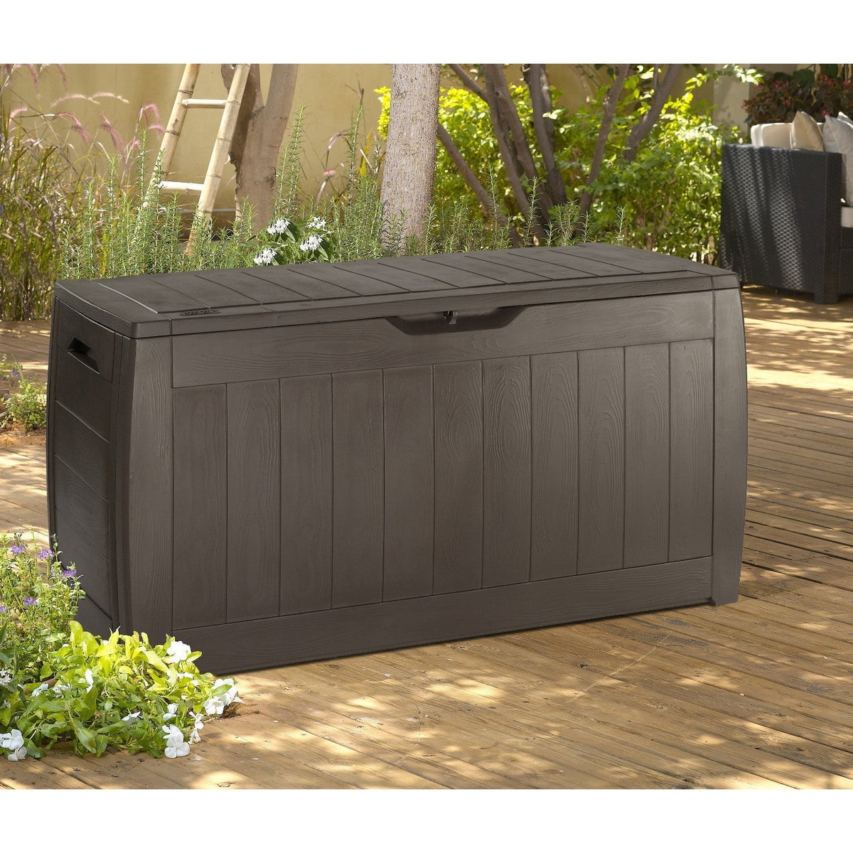 Keter 223949 270L Keter Garden Storage Deck Box Hollywood Outdoor Plastic Wood Design Sturdy Weatherproof Brown
