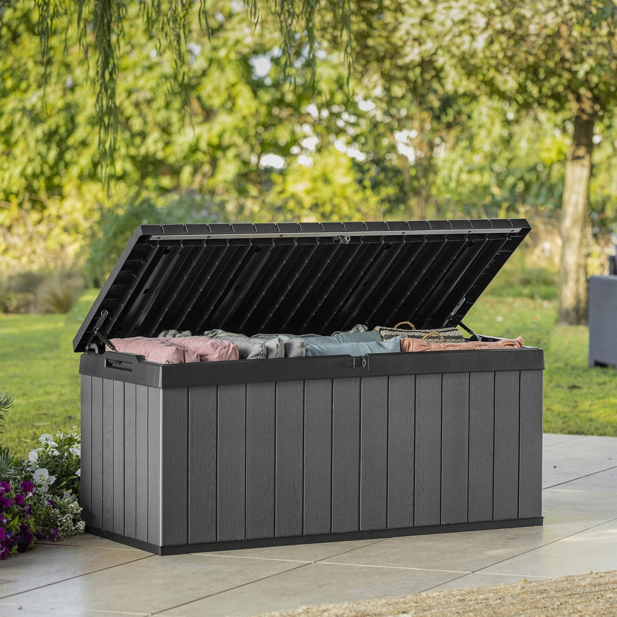Keter Darwin 454L Outdoor Storage Box – Grey | Lockable Weatherproof Garden Deck Box & Bench | Evotech™ Wood-Effect Composite | Hydraulic Lid | Seats 2 Adults | Durable, Maintenance-Free Construction