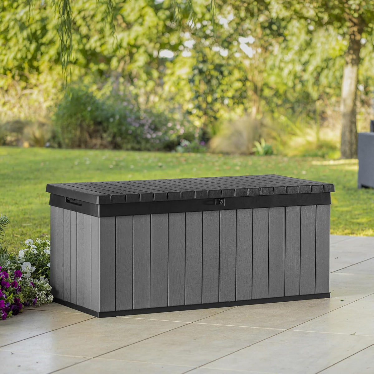 Keter Darwin 454L Outdoor Storage Box – Grey | Lockable Weatherproof Garden Deck Box & Bench | Evotech™ Wood-Effect Composite | Hydraulic Lid | Seats 2 Adults | Durable, Maintenance-Free Construction