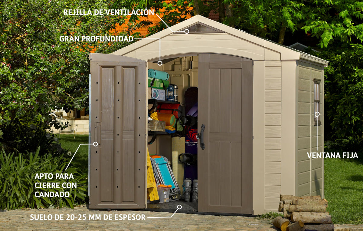 Keter Factor Outdoor Plastic Garden Storage Shed, Beige, 8 x 8 ft
