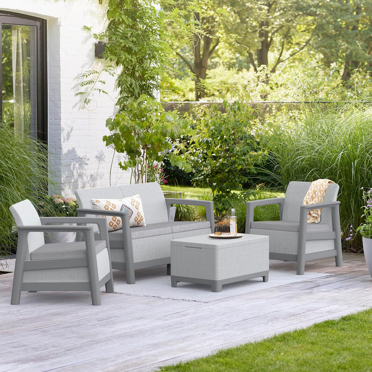 Keter Scandi Linea 4 Seater Garden Lounge Set - Grey | Outdoor Sofa & Armchairs with Storage Table | Weather-Resistant Garden Patio Furniture
