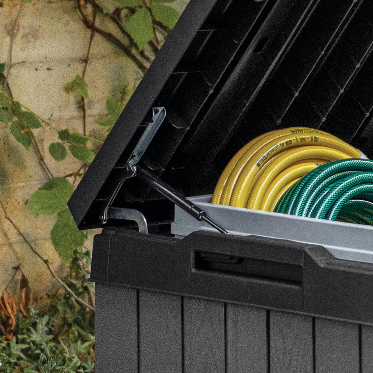 Keter Darwin 454L Outdoor Storage Box – Grey | Lockable Weatherproof Garden Deck Box & Bench | Evotech™ Wood-Effect Composite | Hydraulic Lid | Seats 2 Adults | Durable, Maintenance-Free Construction