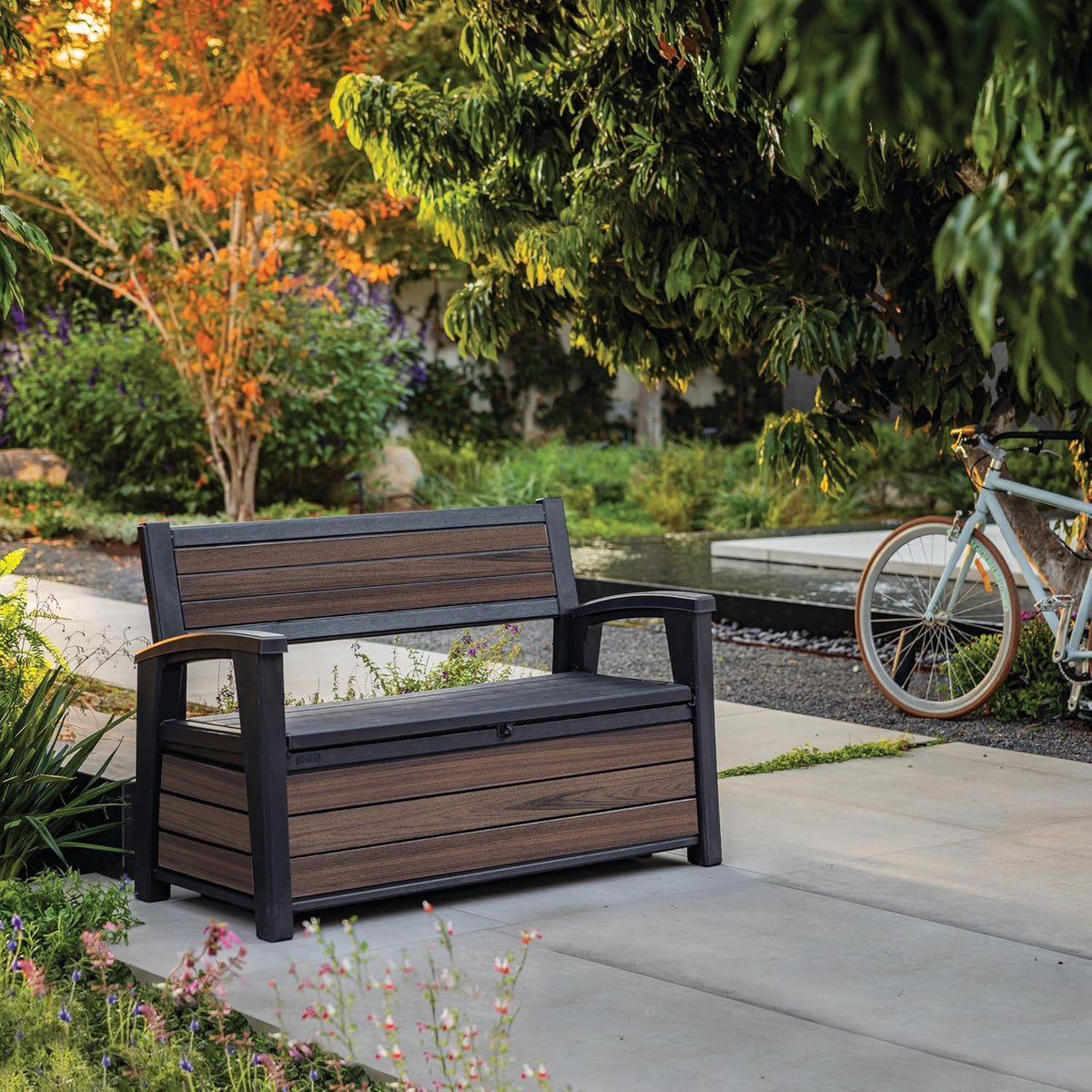 Keter Signature Outdoor Storage Bench 227L | Seats 2 Adults | DecoCoat Wood-Look Resin | Waterproof & Ventilated | All-Weather UV Resistant | Garden, Patio & Deck Storage