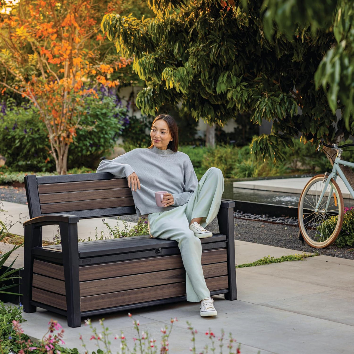 Keter Signature Outdoor Storage Bench 227L | Seats 2 Adults | DecoCoat Wood-Look Resin | Waterproof & Ventilated | All-Weather UV Resistant | Garden, Patio & Deck Storage