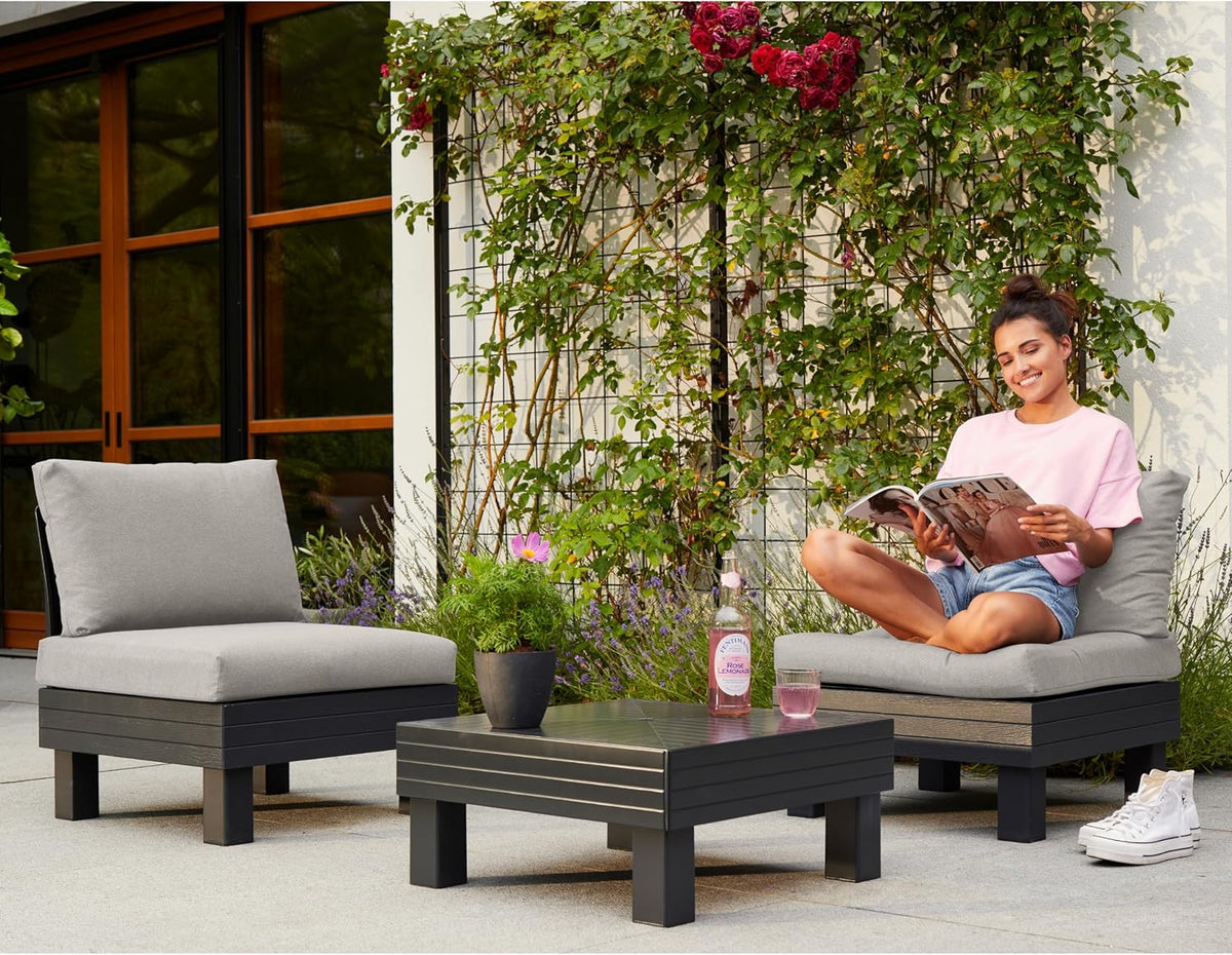 Keter Elements 2 Seater 100% recycled Outdoor Garden Furniture Modular Balcony Set - Graphite with Grey Cushions Fade Free | All Weather Resistant | Easy Clean | Zero Maintenance