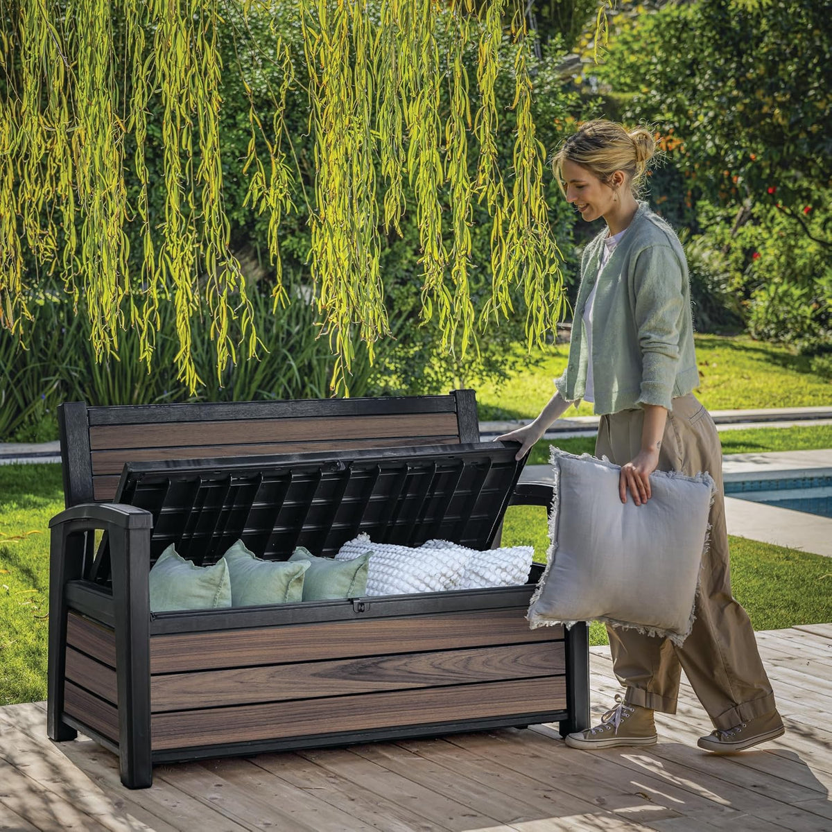 Keter Signature Outdoor Storage Bench 227L | Seats 2 Adults | DecoCoat Wood-Look Resin | Waterproof & Ventilated | All-Weather UV Resistant | Garden, Patio & Deck Storage