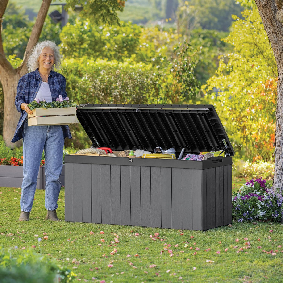 Keter Darwin 454L Outdoor Storage Box – Grey | Lockable Weatherproof Garden Deck Box & Bench | Evotech™ Wood-Effect Composite | Hydraulic Lid | Seats 2 Adults | Durable, Maintenance-Free Construction