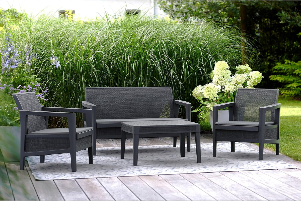 Keter Atlas Linea 4-Seater Outdoor Lounge Set – Graphite | Modern Weatherproof Garden Furniture with Easy No-Tool Assembly