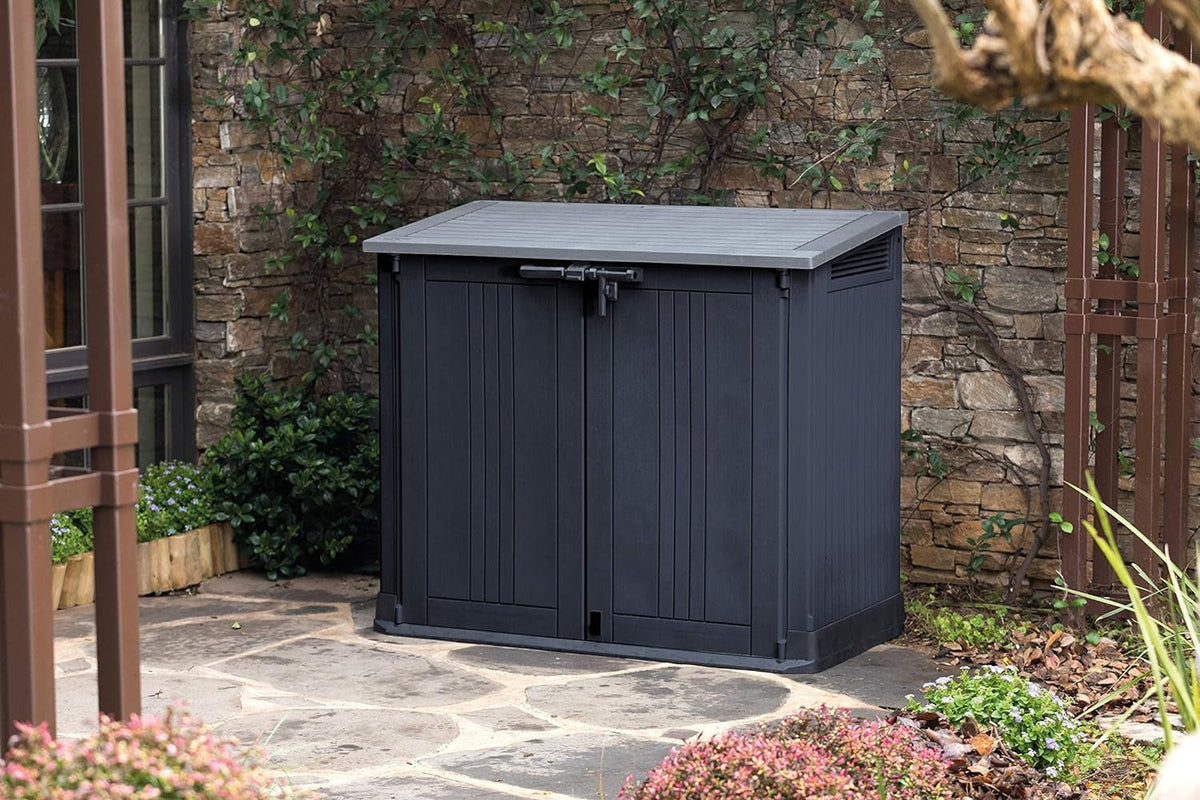 Store It Out Nova Outdoor Garden Storage Shed, 32 X 71.5 X 113.5 Cm, Dark Grey with Light Grey Lid
