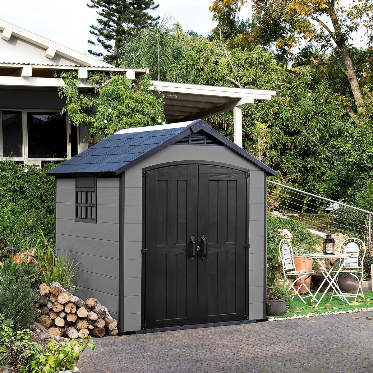 Keter Premier Apex Outdoor Garden Storage Shed, Grey, 7.5 x 7 ft
